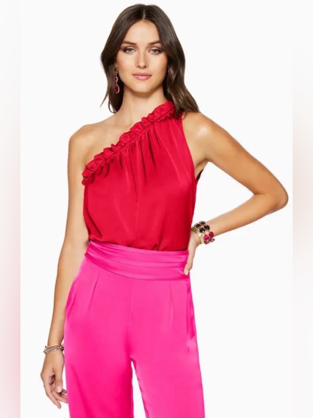 NWT Ramy Brook Tenley One Shoulder Ruffle Blouse in Rouge Red, size S